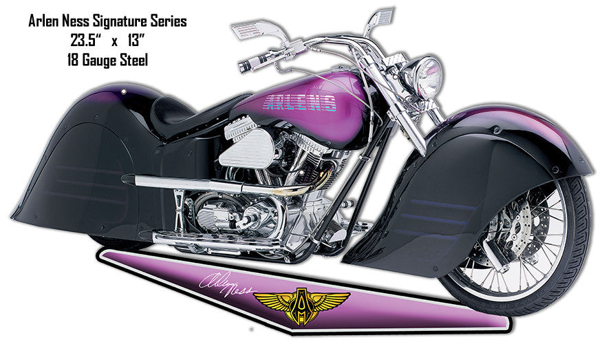 Purple Arlen Ness Motorcycle Cut Out Reproduction Metal Sign 13″x23.5″