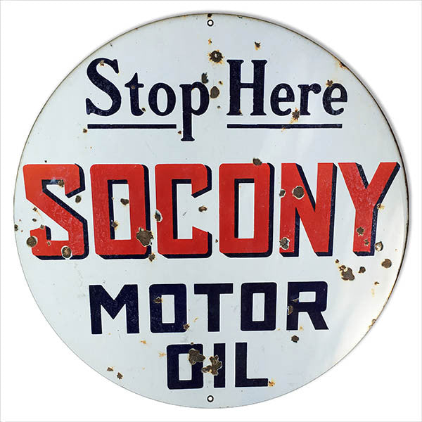 Aged Looking Large Reproduction Socony Motor Oil Metal Sign 18″ Round
