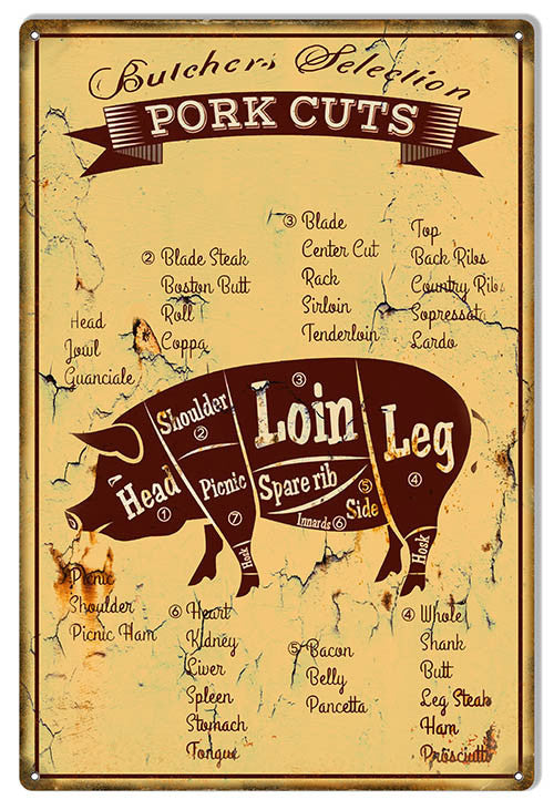 Butcher Selection Pork Cuts Reproduction Country Metal Sign 12″x18″