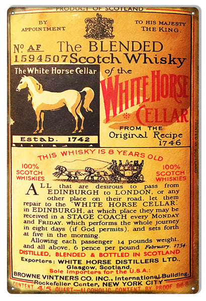 White Horse Cellar Whiskey Reproduction Bar Metal Sign 12″x18″