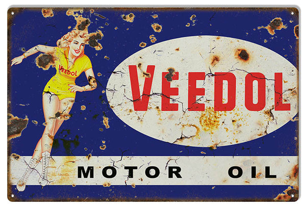 Large Aged Veedol Pin Up Girl Reproduction Motor Oil Metal  Sign 16″x24″