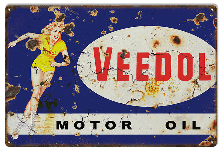 Distressed Veedol Pin Up Girl Motor Oil Reproduction Metal  Sign 12″x18″