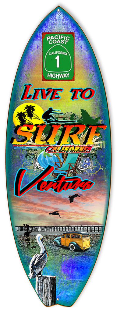 Live To Surf Ventura By Artist Phil Hamilton 8″x23″ Metal