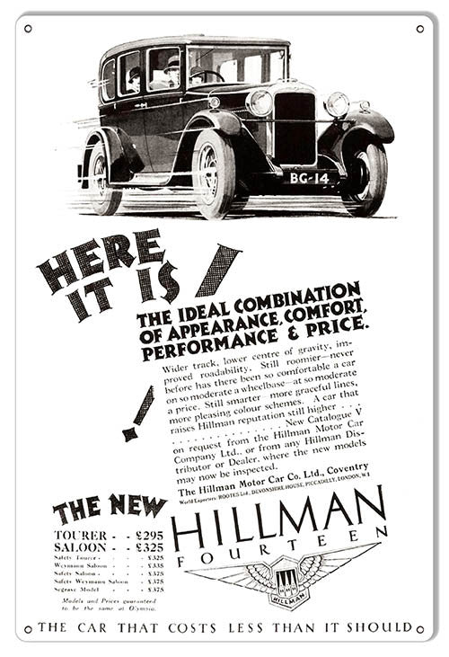 Hillman Fourteen Vintage Automobile Reproduction Metal  Sign 12″x18″