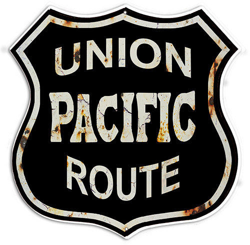 Distressed Reproduction Union Pacific Route Railroad Metal  Sign 15″x15″