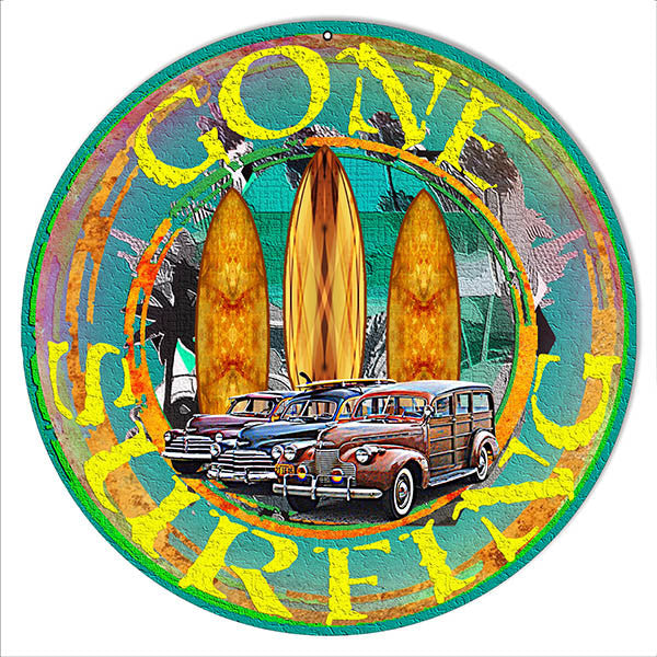 Gone Surfing Reproduction Metal  Sign By Artist Phil Hamilton 14″ Round