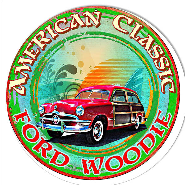 Classic Ford Woodie Reproduction Metal  Sign By Artist Phil Hamilton 14″x14″