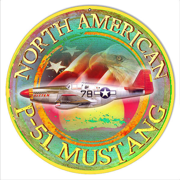 American P-51 Mustang Reproduction Metal  Sign By Artist Phil Hamilton 14″x14″