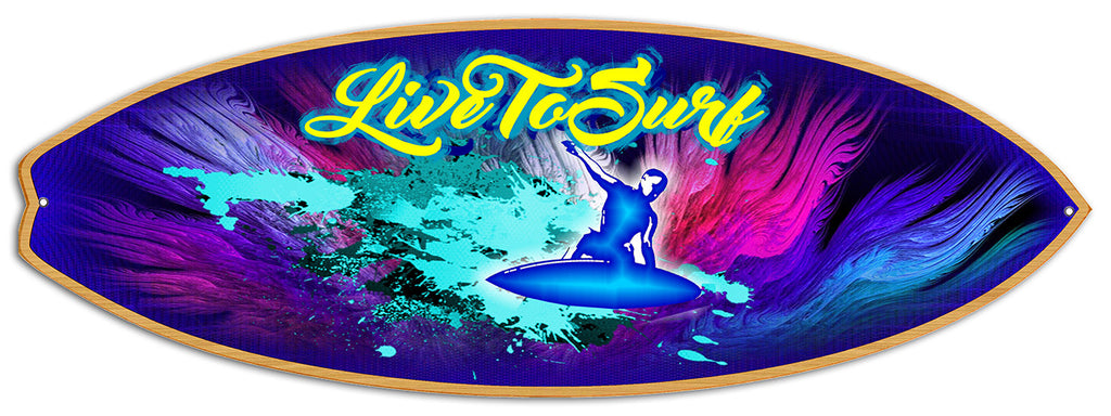 Live To Surf By Artist Phil Hamilton Reproduction Surfboard 8″x23″ Metal Sign