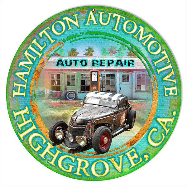 Hamilton Automotive Highgrove Ca By Artist Phil Hamilton 14″x14″ Metal Sign