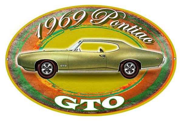 1969 Pontiac GTO Reproduction By Artist Phil Hamilton 11″x18″ Oval Metal Sign