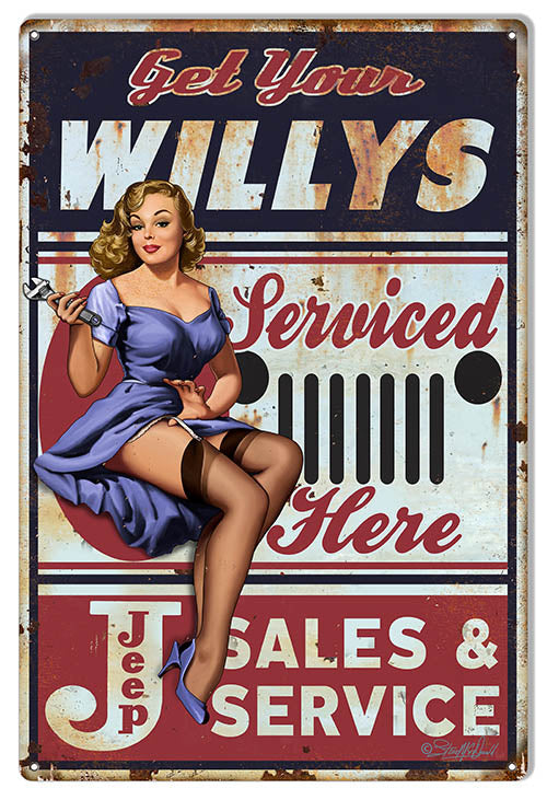 Jeep Willys Pin Up Girl By Steve McDonald Reproduction Sign 12″x18″
