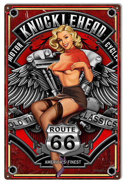 Route 66 Motorcycle Pin Up Girl By Steve McDonald Sign 12″x18″