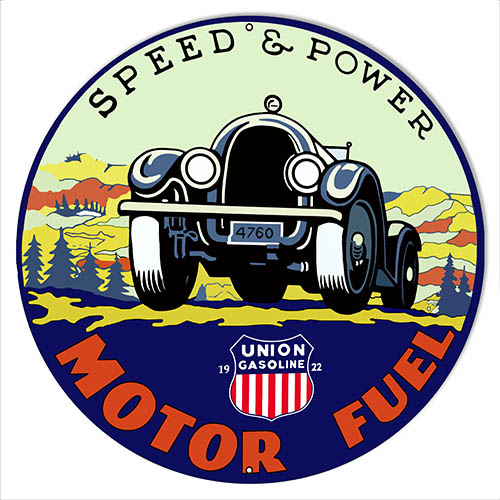 Union Gasoline Speed And Power Reproduction Motor Oil Sign 14″x14″ Round