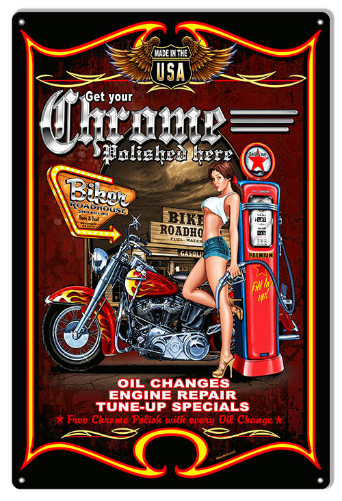 Pin Up Girl Chrome Polish Motorcycle Sign By Steve McDonald 12x18