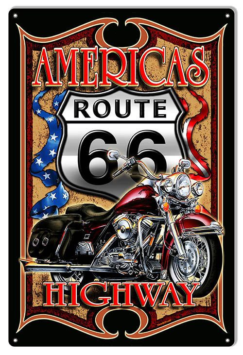 Route 66 Americas Highway Motorcycle Sign By Steve McDonald 12x18
