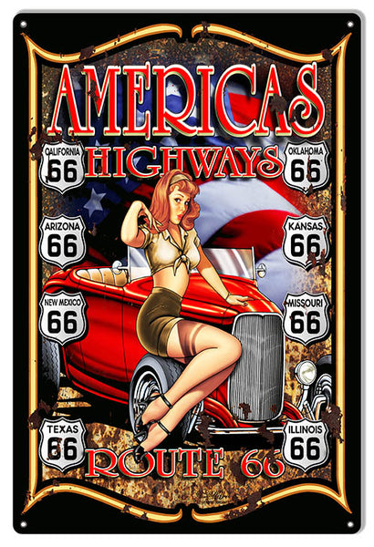 Route 66 Pin Up Girl Hot Rod Man Cave Sign By Steve McDonald 12x18
