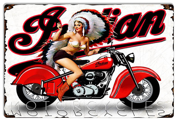 Indian Motorcycle Pin Up Girl Garage Shop Metal Sign 12x18