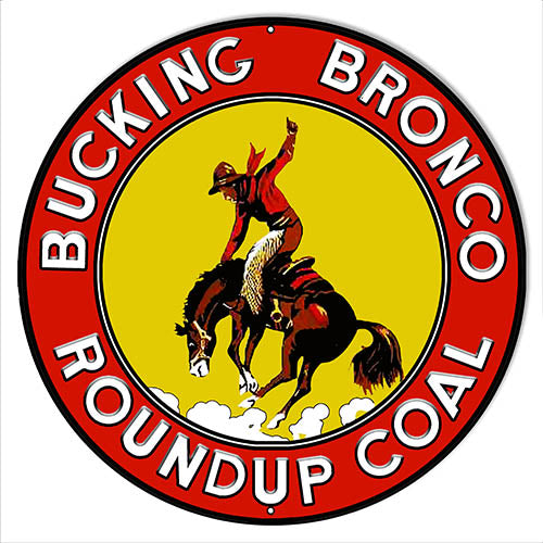 Bucking Bronco Rounup Coal Reproduction Country Metal Sign14x14 Round