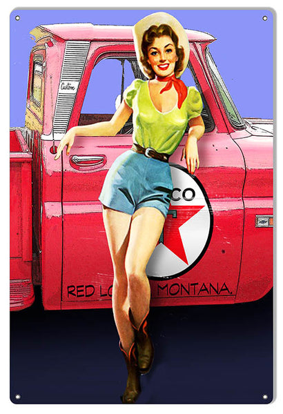 Texaco Red Truck Pin Up Girl Garage Shop Metal Sign 12x18
