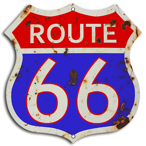 (3) Route 66 Vintage Red And Blue Cut Out Garage Shop Metal Sign 7.5x7.5