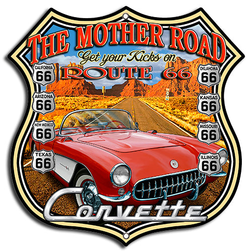 (3) Route 66 Corvette Cut Out Metal Sign By Steve McDonald 7.5x7.5