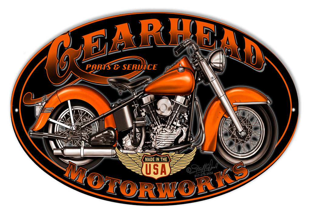 Gearhead Motorworks Motorcycle Metal Sign By Steve McDonald 9x14 Oval