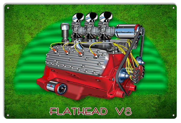 Flat Head V8 Motor Garage Art Metal Sign By Rudy Edwards 12x18