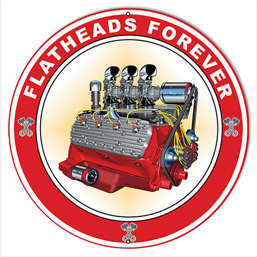 Flat Heads Garage Art Metal Sign By Rudy Edwards 18x18 Round