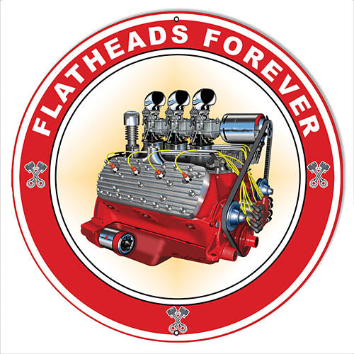 Flat Heads Garage Art Metal Sign By Rudy Edwards 24x24 Round