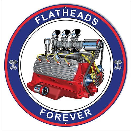 Flat Heads Garage Shop Metal Sign By Rudy Edwards 18x18 Round