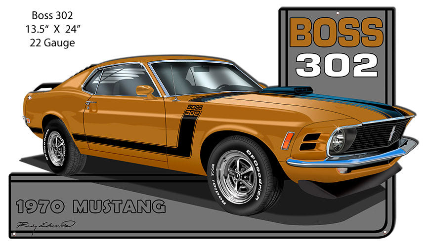Mustang 1970 Series Gold Cut Out Metal Sign By Rudy Edwards 13.5x24