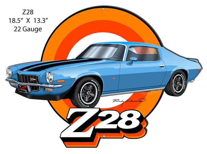 Z28 Camaro Blue Cut Out Garage Art Metal Sign Rudy Edwards 13.3x18.5
