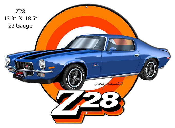 Z28 Camaro Blue Cut Out Garage Art Metal Sign Rudy Edwards 13.3x18.