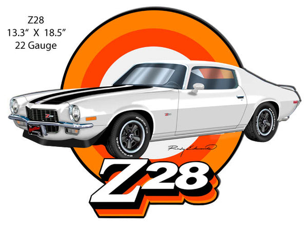 Z28 Camaro White Cut Out Garage Art Metal Sign Rudy Edwards 13.3x18.5