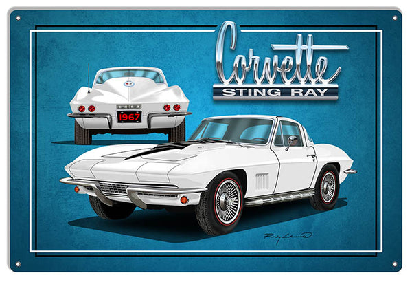 Corvette Sting Ray White Garage Art Metal Sign By Rudy Edwards 12x18