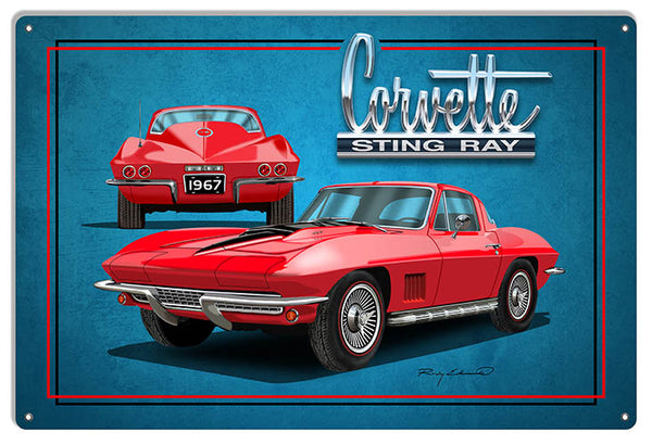 Corvette Sting Ray Red Garage Art Metal Sign By Rudy Edwards 12x18