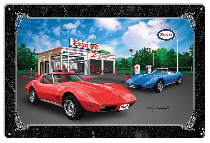 ESSO Corvette Red Sting Ray Car Metal Sign By Rudy Edwards 12x18