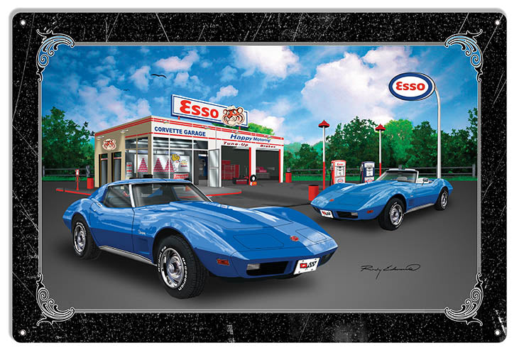 ESSO Corvette Blue Sting Ray Car Metal Sign By Rudy Edwards 18x30