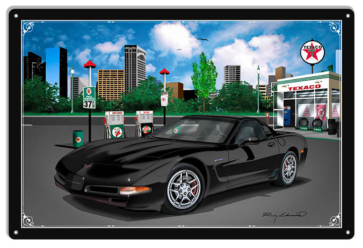 Texaco Corvette Black Car Metal Sign By Rudy Edwards   12x18