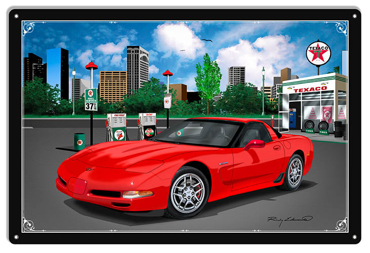 Texaco Corvette Red Car Metal Sign By Rudy Edwards   16x24