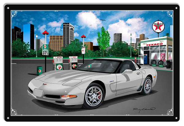 Texaco Corvette White Car Metal Sign By Rudy Edwards   18x30