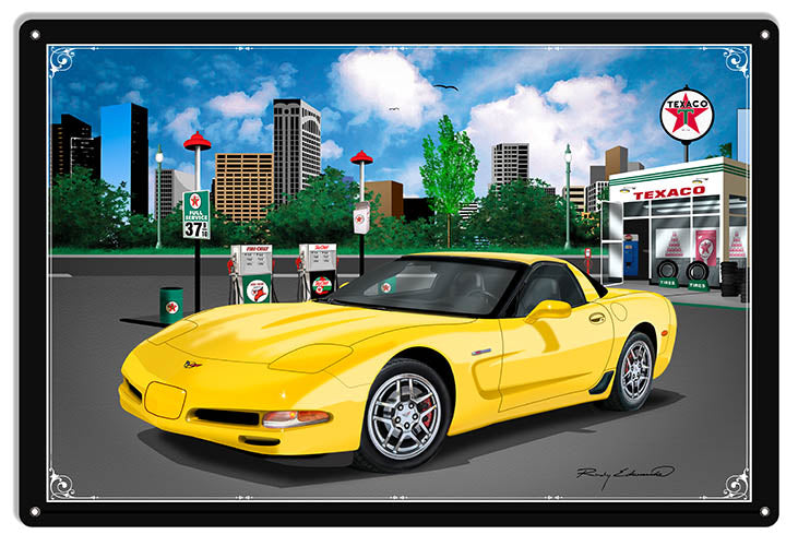 Texaco Corvette Yellow Car Metal Sign By Rudy Edwards   12x18