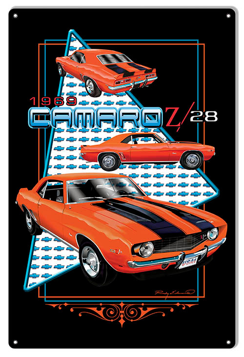 Camaro 1969 Z28 Orange Car Metal Sign By Rudy Edwards   12x18