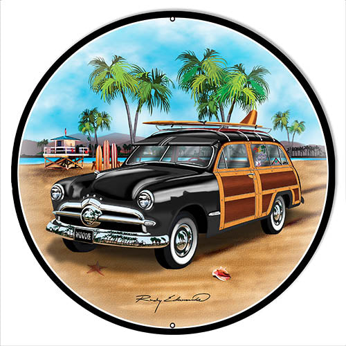 Ford Woodie Black Metal Sign By Rudy Edwards 30x30 Round