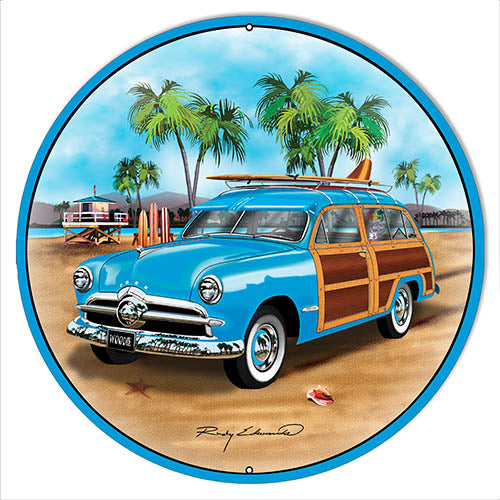 Ford Woodie Blue Metal Sign By Rudy Edwards 18x18 Round