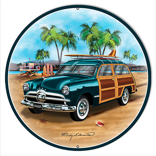 Ford Woodie Green Metal Sign By Rudy Edwards 24x24 Round