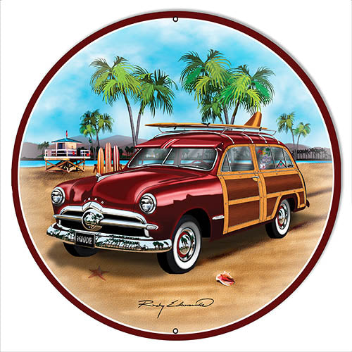 Ford Woodie Red Metal Sign By Rudy Edwards 30x30 Round