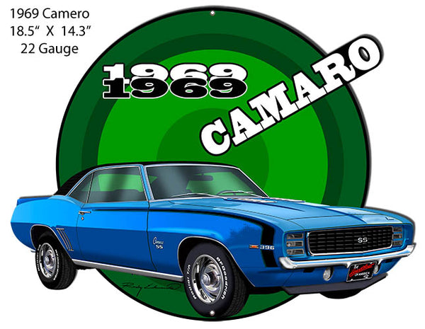 Camaro1969 Blue Hot Rod Cut Out Metal Sign By Rudy Edwards 14.3x18.5