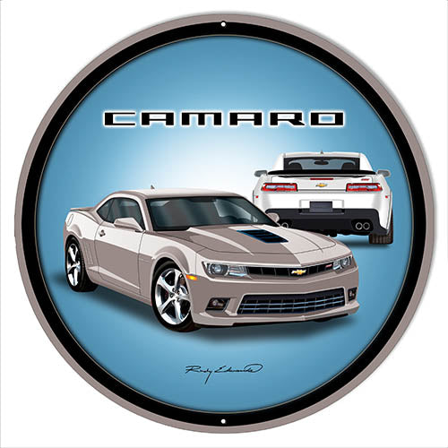 Camaro Hot Rod  Silver  Metal Sign By Rudy Edwards 24x24 Round